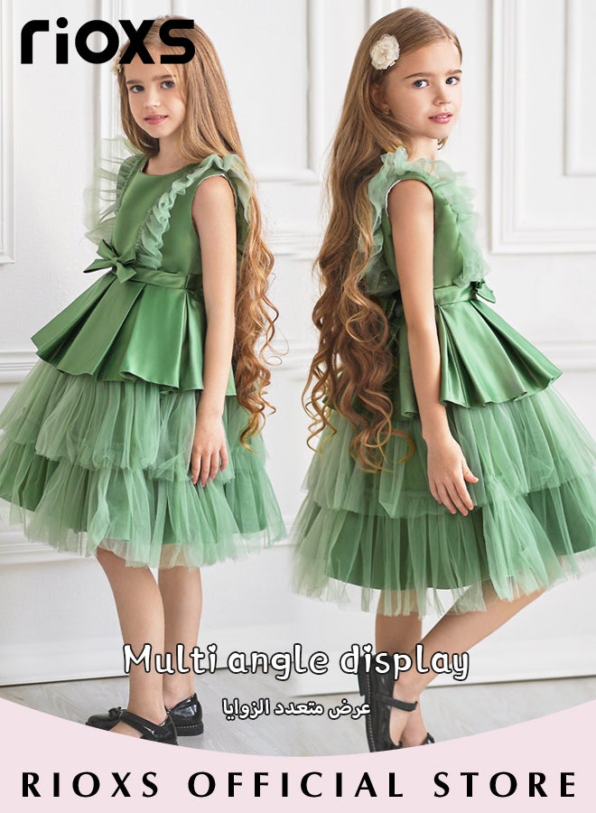 Toddler Girls Flutter Sleeves Pleated Flower Dress Pageant Bowknot Dress Costumes Wedding Dress for Birthday Party Formal Occasions