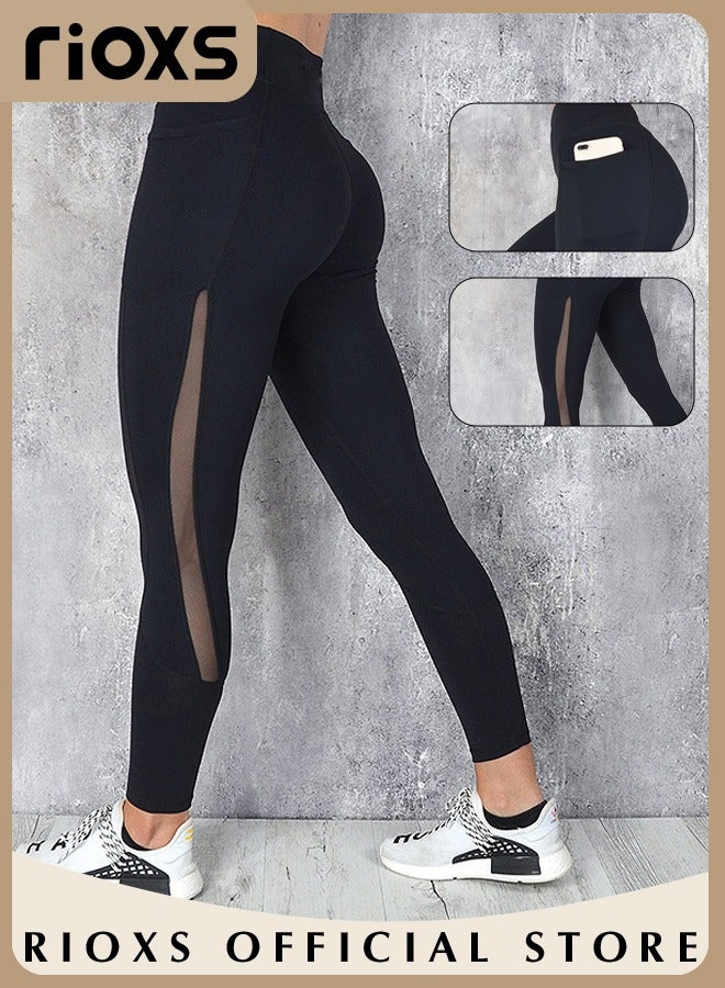 Women's Sports Stretch Mesh Leggings Hip Lift Fitness Workout Tights Yoga Pants With Pockets For Phone