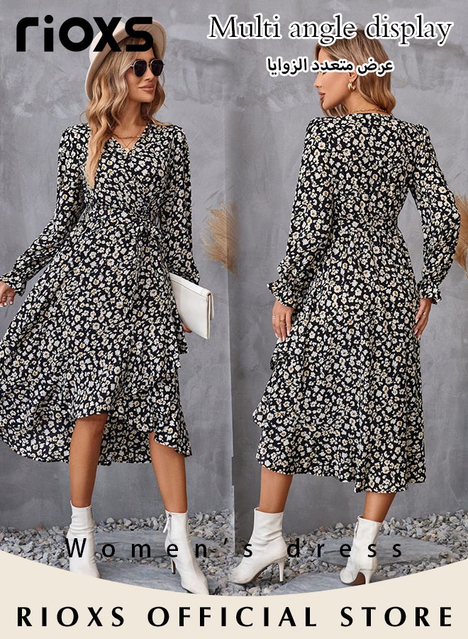 Women's V Neck Long Sleeve Bohemia Dress Casual Mid Waist Printed Floral Ruffle Dress Slim Fit Irregular Hem Skirts Ladies Beach Vacation Dresses