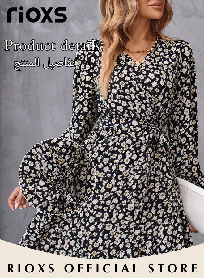 Women's V Neck Long Sleeve Bohemia Dress Casual Mid Waist Printed Floral Ruffle Dress Slim Fit Irregular Hem Skirts Ladies Beach Vacation Dresses