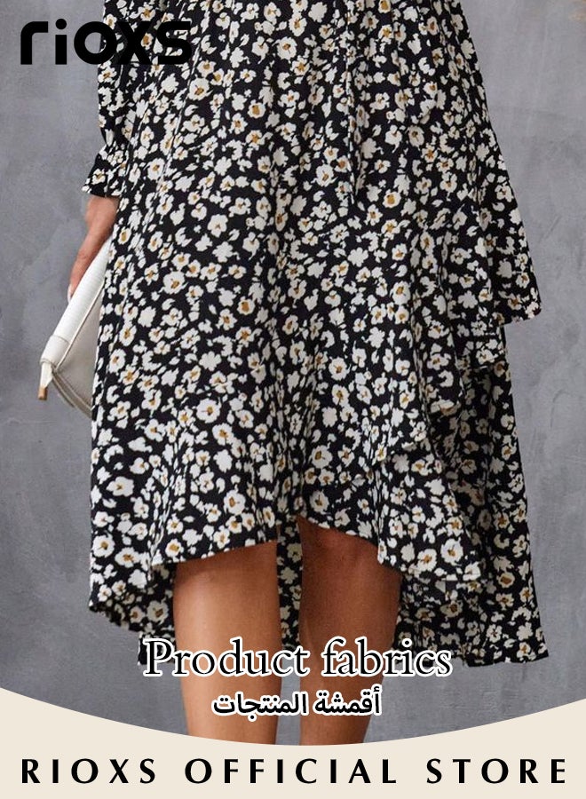 Women's V Neck Long Sleeve Bohemia Dress Casual Mid Waist Printed Floral Ruffle Dress Slim Fit Irregular Hem Skirts Ladies Beach Vacation Dresses