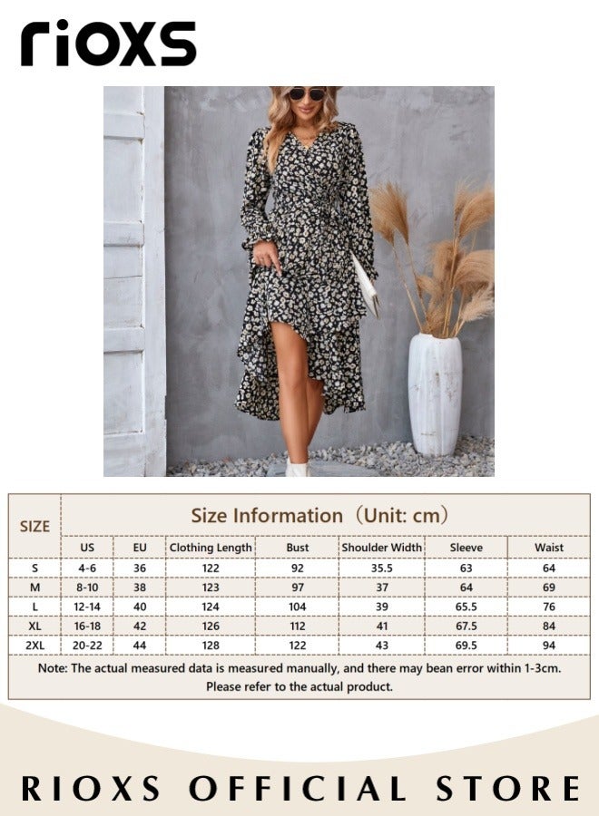 Women's V Neck Long Sleeve Bohemia Dress Casual Mid Waist Printed Floral Ruffle Dress Slim Fit Irregular Hem Skirts Ladies Beach Vacation Dresses