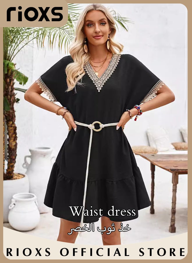 Women's Casual Summer Dresses Lace Short Sleeve Dress V Neck Flowy Mid Dress with Belt