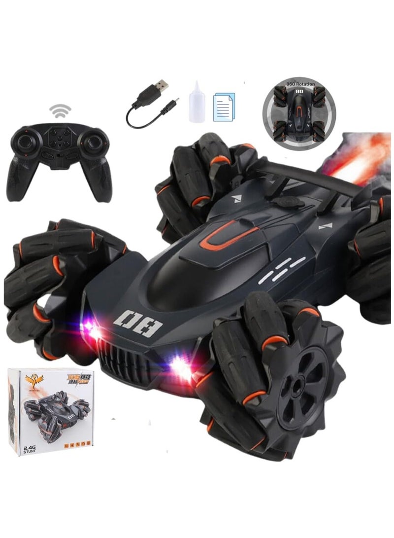 RC Car Stunt Toy, 2.4GHz Remote Control Car, Gesture Sensor Kids Car with Lights, Music, and Spray Launcher.