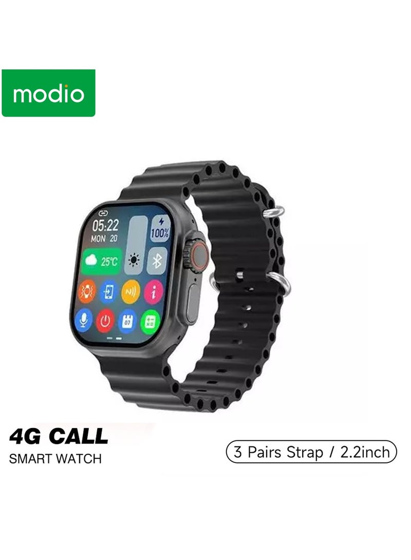 Modio 4G Call 2.2 Inch Full Screen Display Sim Card Supporting Smart Watch With 3 Pair Straps and Wireless Charger For Ladies and Gents Black
