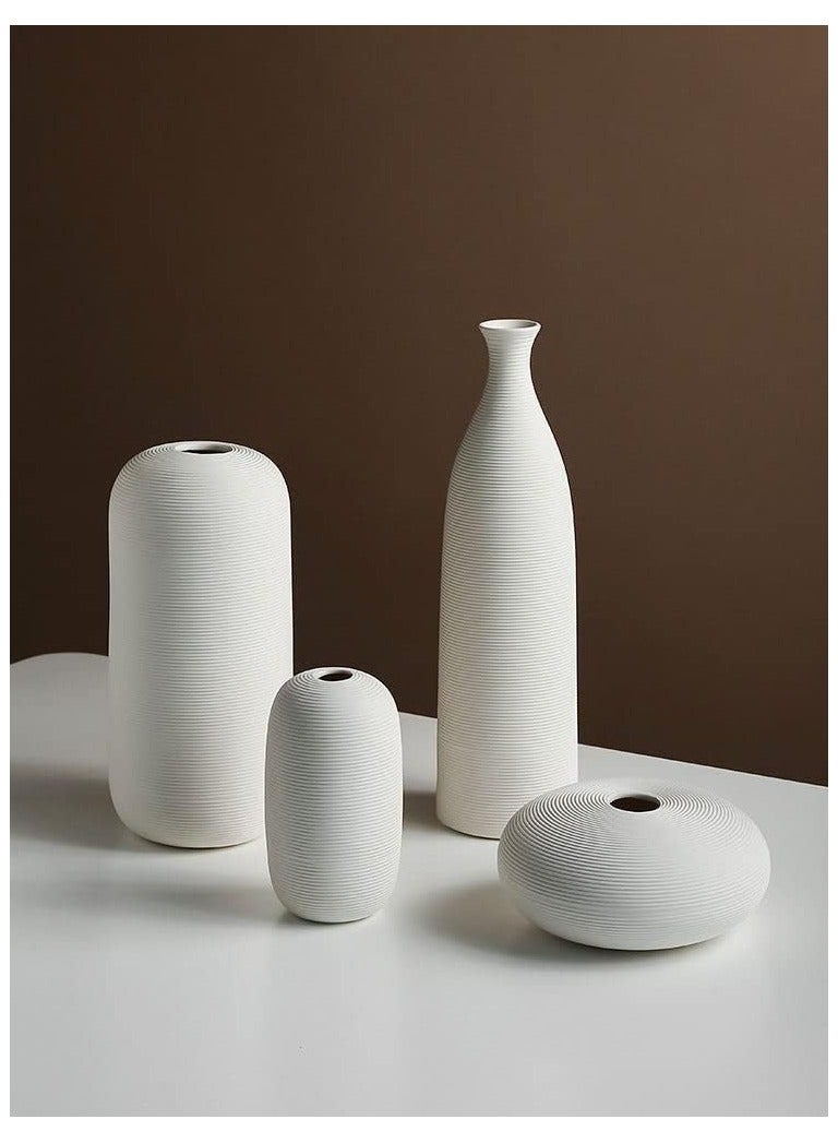 Set of 4 White Embossed Line Ceramic Vases | with 40pcs White Vase Fillers | for Flower Arrangements, Elegant Home Décor, Gifting (E)