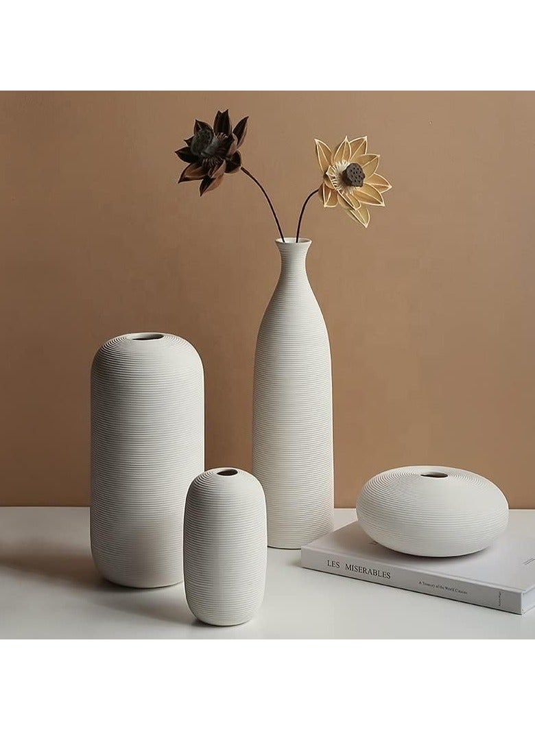 Set of 4 White Embossed Line Ceramic Vases | with 40pcs White Vase Fillers | for Flower Arrangements, Elegant Home Décor, Gifting (E)