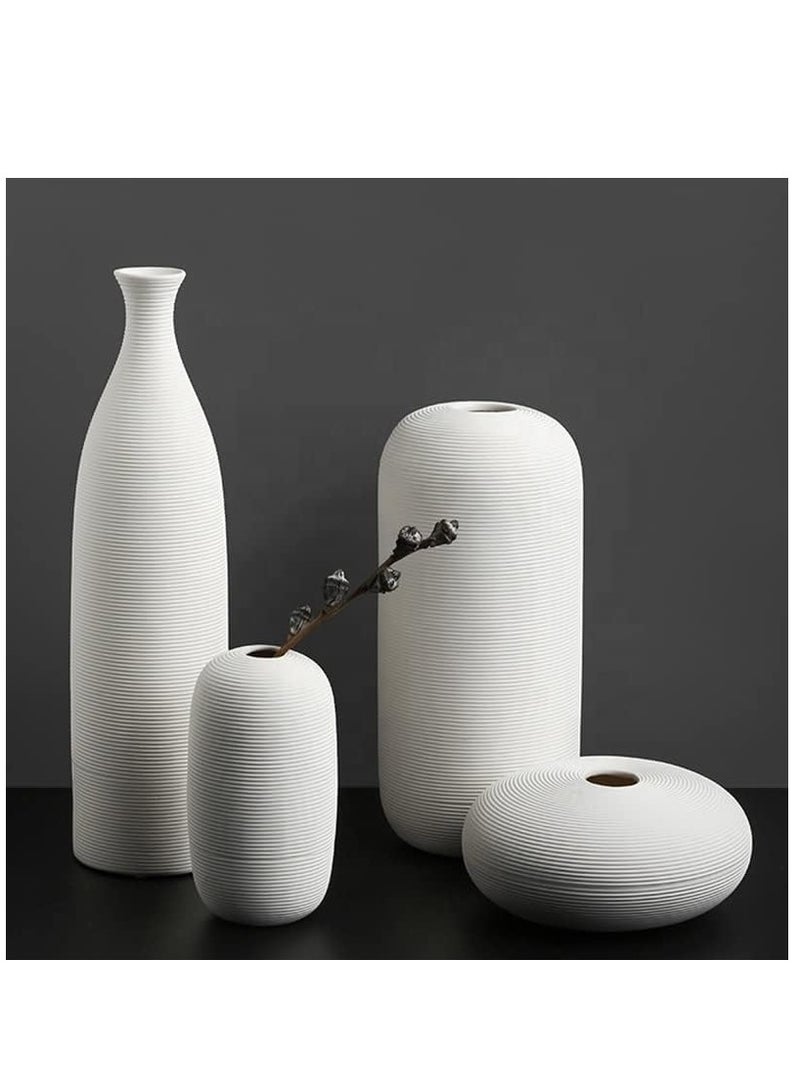 Set of 4 White Embossed Line Ceramic Vases | with 40pcs White Vase Fillers | for Flower Arrangements, Elegant Home Décor, Gifting (E)