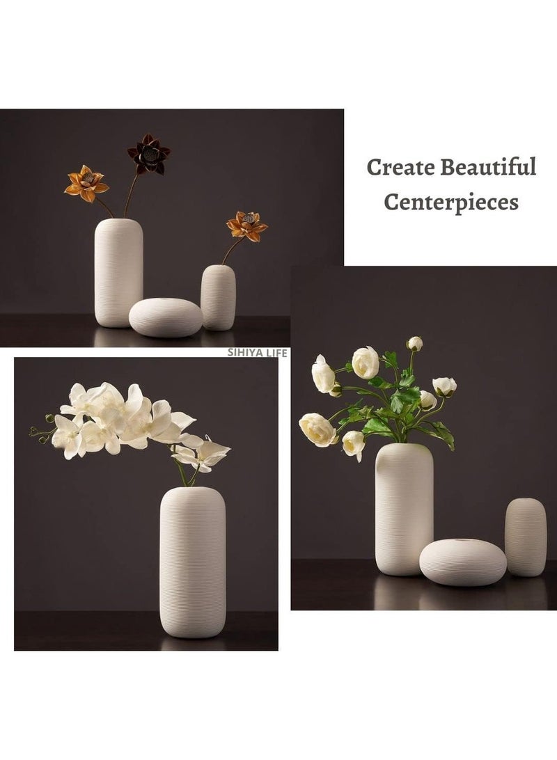 Set of 4 White Embossed Line Ceramic Vases | with 40pcs White Vase Fillers | for Flower Arrangements, Elegant Home Décor, Gifting (E)
