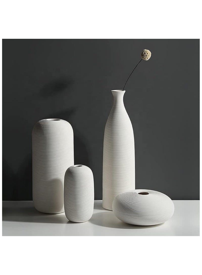 Set of 4 White Embossed Line Ceramic Vases | with 40pcs White Vase Fillers | for Flower Arrangements, Elegant Home Décor, Gifting (E)