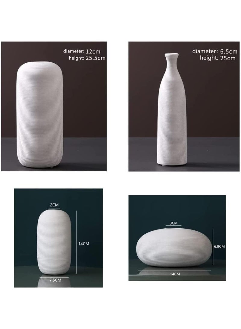 Set of 4 White Embossed Line Ceramic Vases | with 40pcs White Vase Fillers | for Flower Arrangements, Elegant Home Décor, Gifting (E)