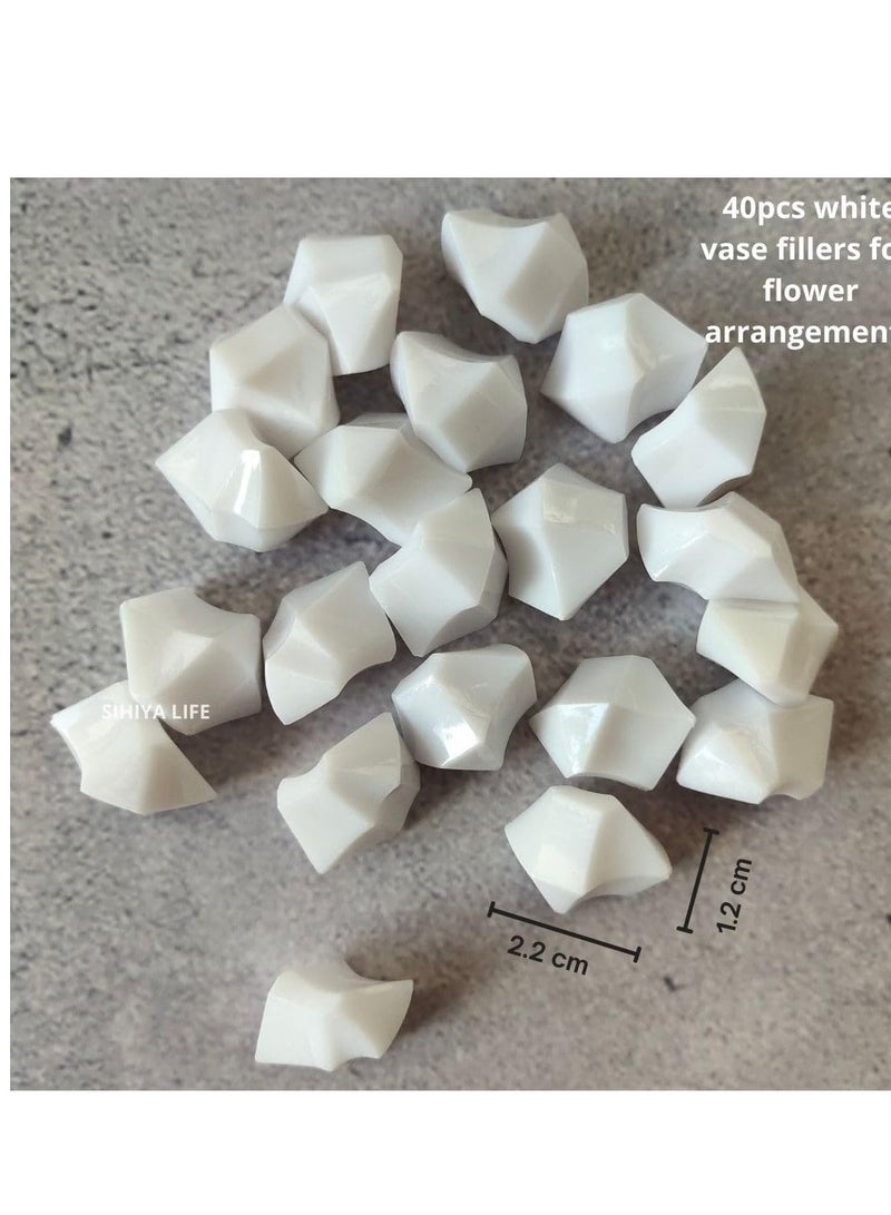 Set of 4 White Embossed Line Ceramic Vases | with 40pcs White Vase Fillers | for Flower Arrangements, Elegant Home Décor, Gifting (E)