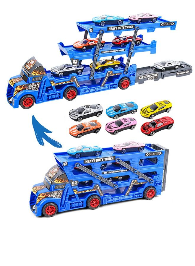 Vehicle Playset Hauler Carrier Truck with Track, Launcher, 6 Metal Die-Cast Vehicles, Construction and Race Cars Toys Launch and Haul Push Pull Around Gift for Boys Kids Eye-Hand Coordination