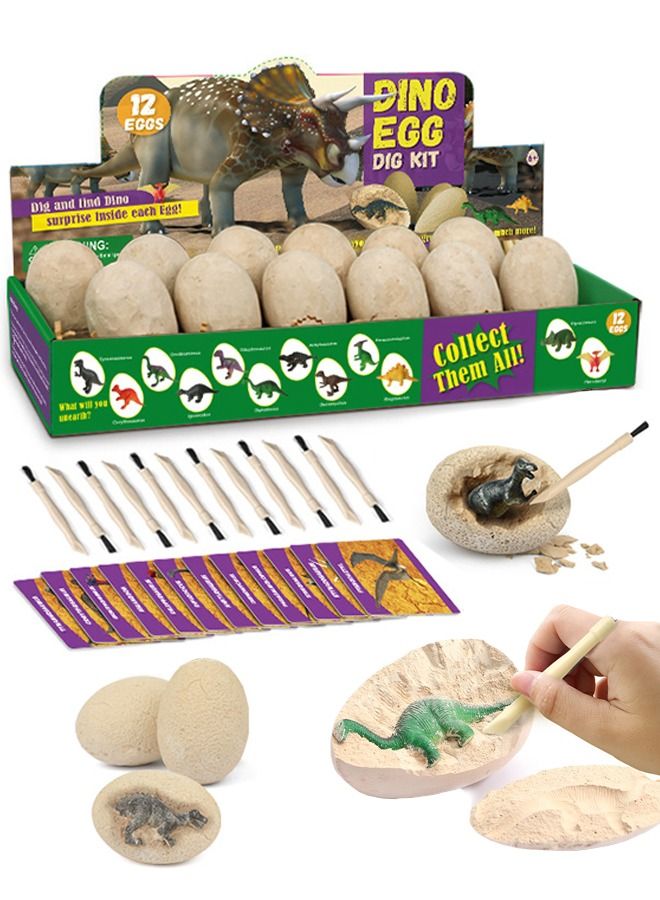 Dino Egg Dig Kit Dinosaur Toys for Kids 12 Pcs Dinosaur Eggs Excavation Kit for Kids Ages 3-12, Archaeology Science Paleontology Educational Party Gifts for Boys Girls