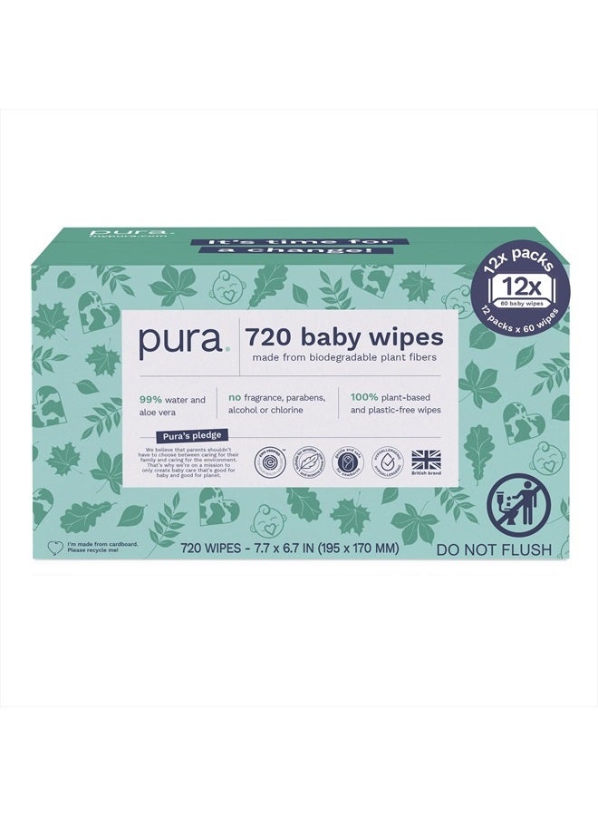 Baby Wipes 12 x 60 Wipes (720 Wipes), 100% Plastic-Free & Plant Based Wipes, 99% Water, Suitable for Sensitive & Eczema-prone Skin, Fragrance Free & Hypoallergenic, EWG, Cruelty Free