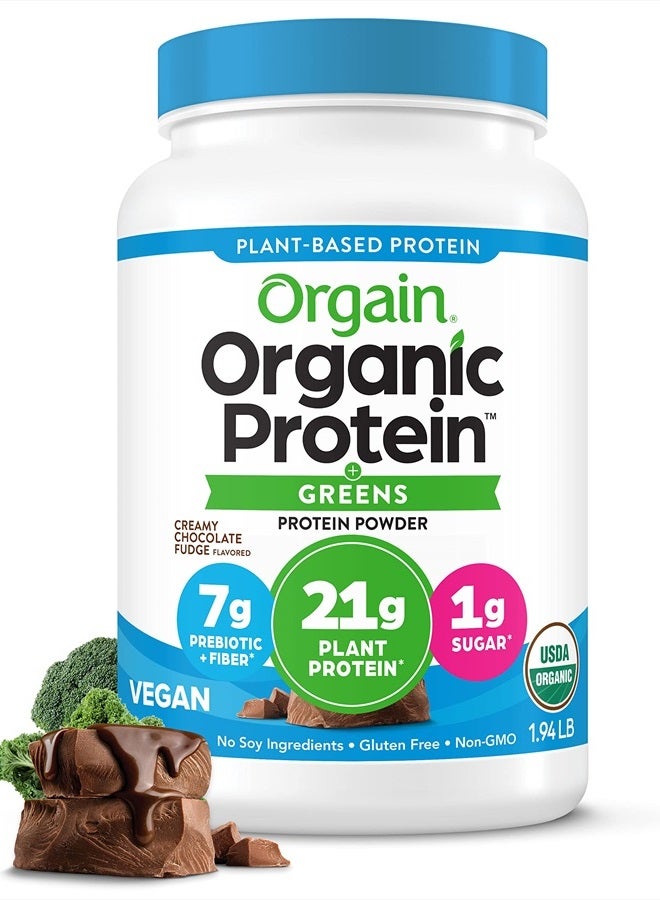 Organic Vegan Protein Powder + Greens, Creamy Chocolate Fudge - 21g Plant Based Protein, 7g Prebiotic Fiber for Gut Health, Gluten Free, No Lactose Ingredients, No Sugar Added, Non-GMO - 1.94lb