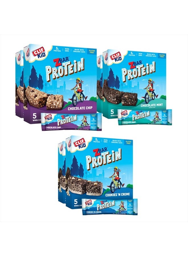CLIF Kid Zbar Protein - Chocolate Chip, Chocolate Mint, and Cookies 'n Creme - Value Pack - Crispy Whole Grain Snack Bars - Made with Organic Oats - Non-GMO - 5g Protein - 1.27 oz. (30 Count)
