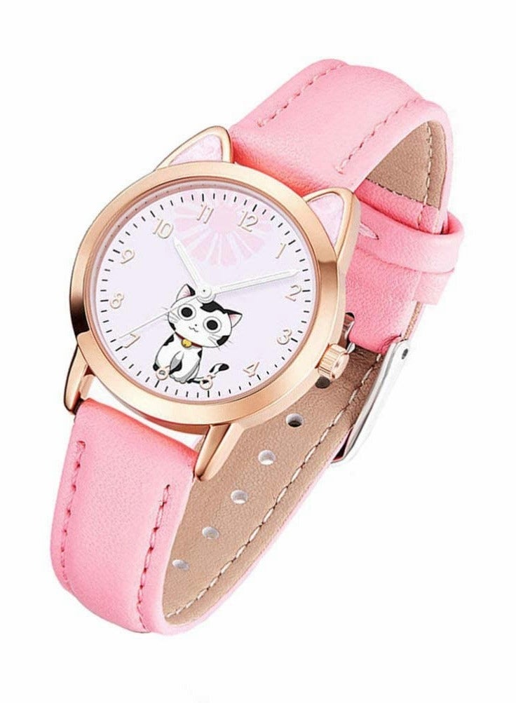Kids Watches,Children Cartoon Watches Luminous Quartz Watches lovely Cat Pattern Casual Leather Watches for Ladies Fashion Women Gift