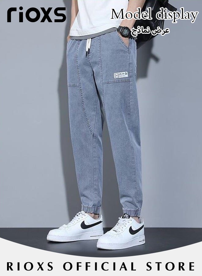 Men's Casual Jeans With Loose Legs Teen Jogging Fashion Long Pants Elastic Waist Downstring Denim Pants with 4 Pockets