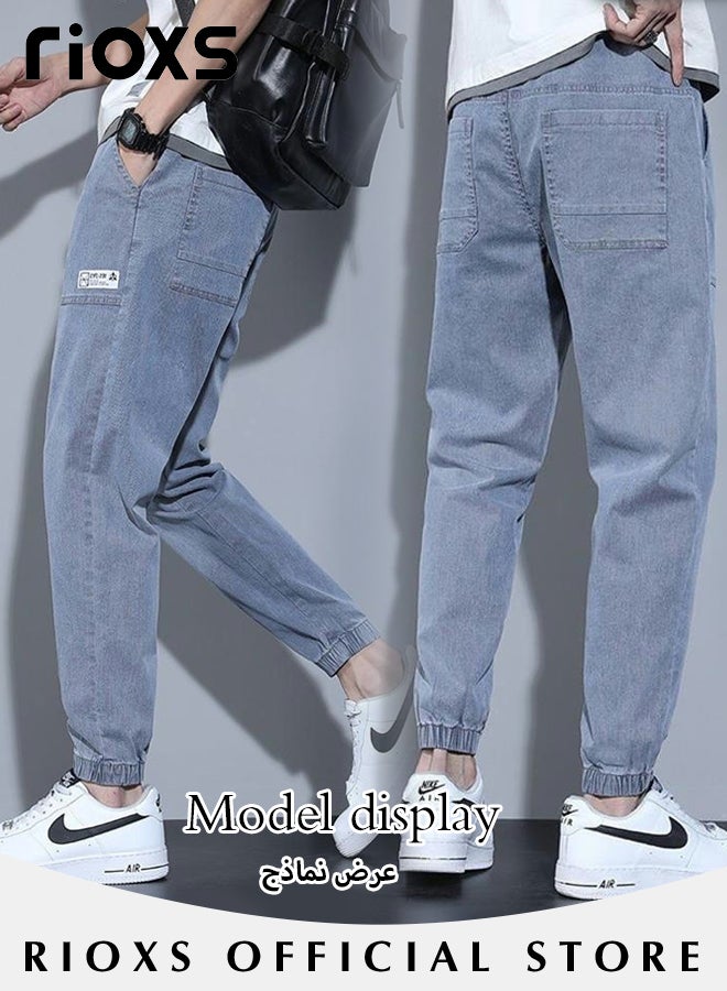 Men's Casual Jeans With Loose Legs Teen Jogging Fashion Long Pants Elastic Waist Downstring Denim Pants with 4 Pockets