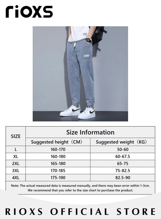 Men's Casual Jeans With Loose Legs Teen Jogging Fashion Long Pants Elastic Waist Downstring Denim Pants with 4 Pockets