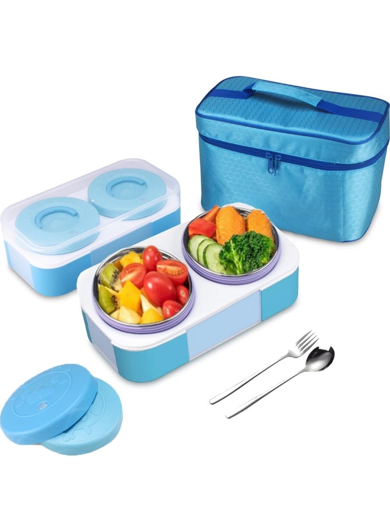 Stainless Steel Lunch Box for Kids Adults,Insulated Bento Lunch Box with Tableware & Bag,1600ML 2 Compartment Divided Lunch Containers with Lids,Leakproof | BPA Free | Dishwasher Safe（1600ML,Blue）