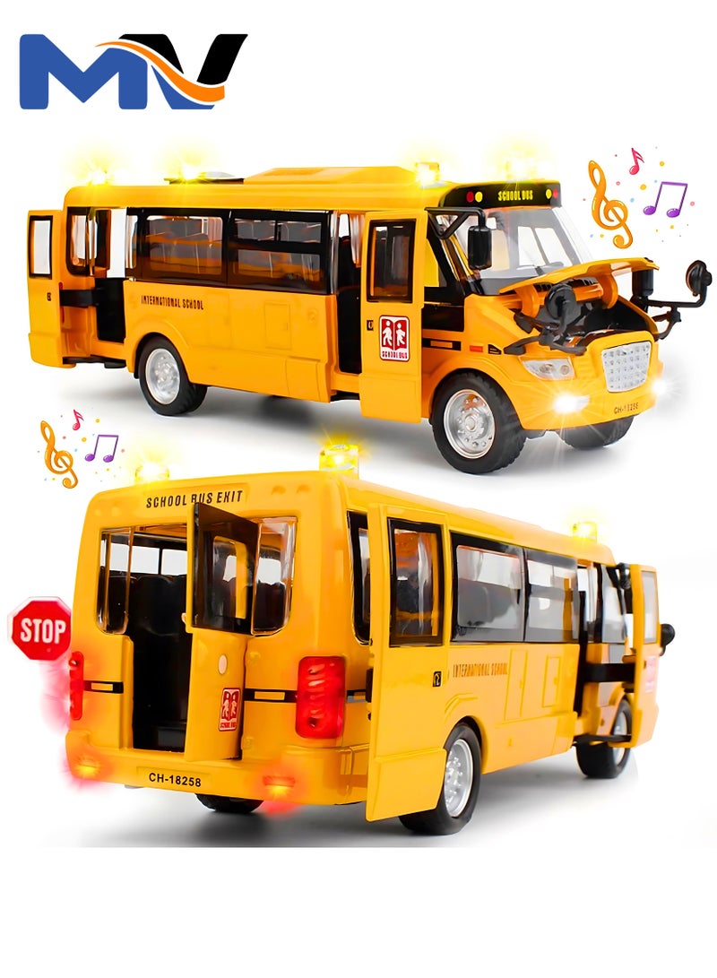 School Bus Toy, Die Cast Pull Back 9'' Model Cars, with Lights & Sounds, Openable Doors, Large Yellow Metal Toy Vehicles, Play Bus for Boys Girls Kids Toddlers Ages 3+