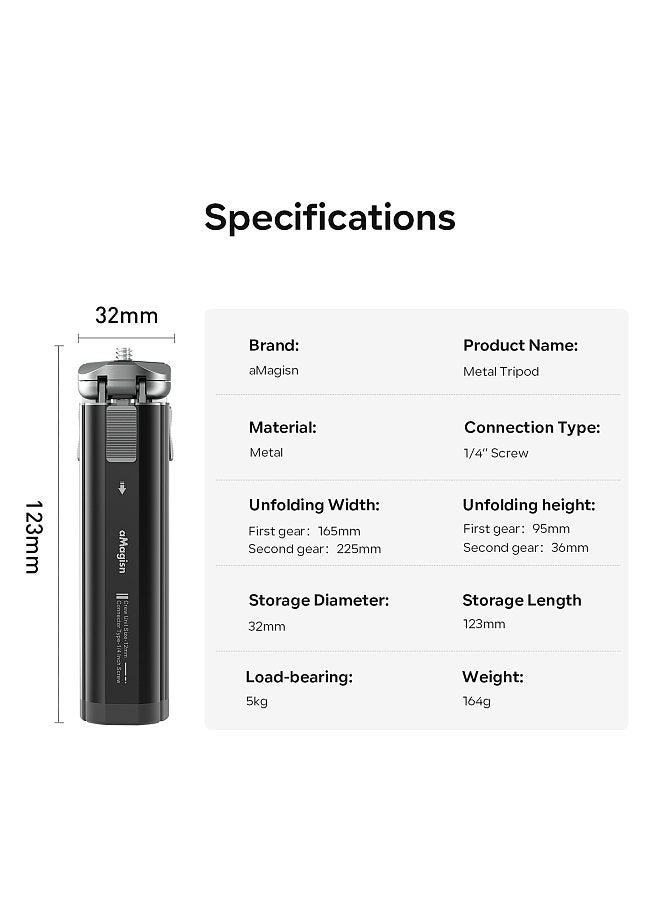 AM11 Desktop Tripod Mini Travel Tripod Stand Metal Phone Tripod with 1/4 Inch Screw 2-Level Adjustable Height for Gimbal Stabilizer Selfie Stick DSLR Camera