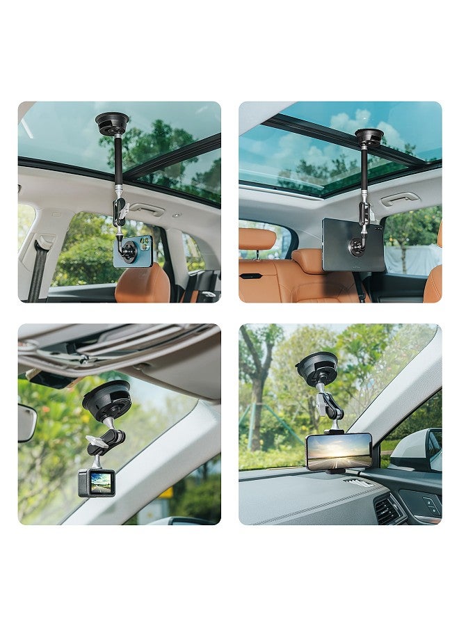 PU273B Suction Cup Phone Mount Suction Cup Mount Aluminum Alloy with 1/4in Screw Dual 360°Rotatable Ball Head with Sports Camera Adapter Phone Clip Magnetic Phone Holder & Metal Stickers