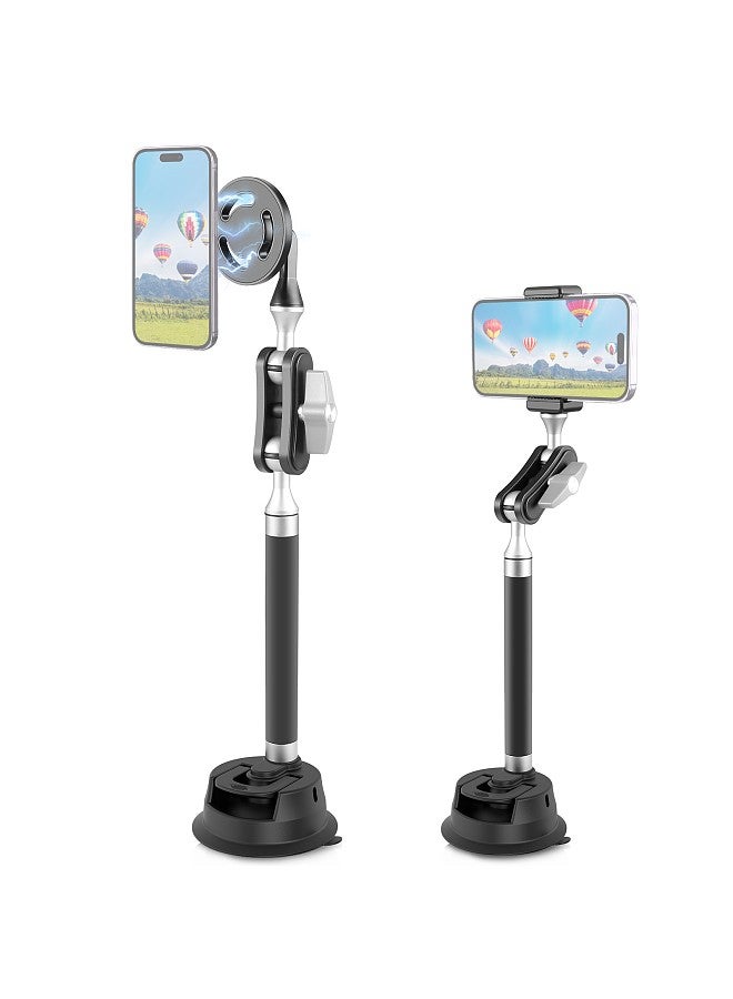 PU273B Suction Cup Phone Mount Suction Cup Mount Aluminum Alloy with 1/4in Screw Dual 360°Rotatable Ball Head with Sports Camera Adapter Phone Clip Magnetic Phone Holder & Metal Stickers