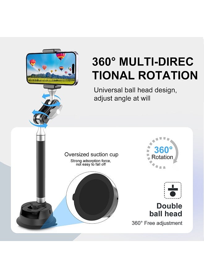 PU273B Suction Cup Phone Mount Suction Cup Mount Aluminum Alloy with 1/4in Screw Dual 360°Rotatable Ball Head with Sports Camera Adapter Phone Clip Magnetic Phone Holder & Metal Stickers