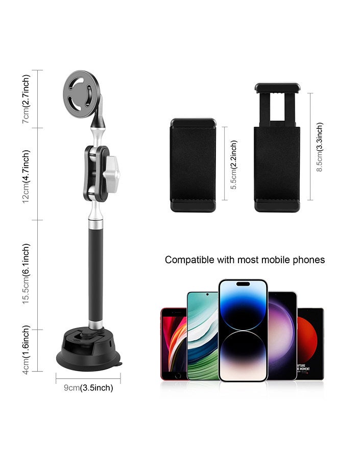 PU273B Suction Cup Phone Mount Suction Cup Mount Aluminum Alloy with 1/4in Screw Dual 360°Rotatable Ball Head with Sports Camera Adapter Phone Clip Magnetic Phone Holder & Metal Stickers