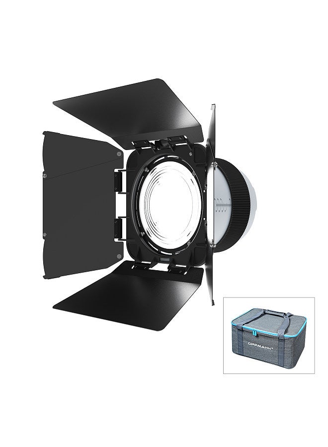 F20 9 Inch Fresnel Lens Bowens Mount 10°- 45°Optical Focusing Adapter 10X Brighter with Detachable 4-leaf Barn Door for Studio Continuous Light Shaping Tool