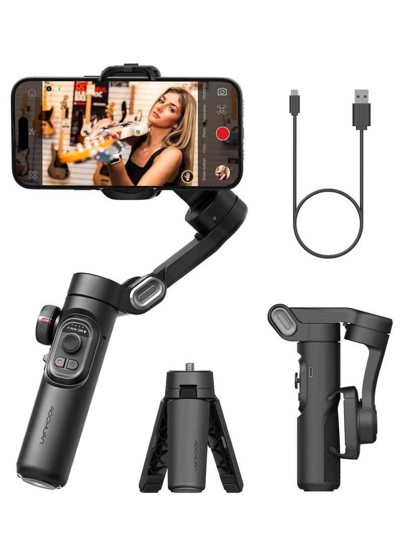 AOCHUAN XE Phone Gimbal Stabilizer 3-Axis Smartphone Foldable Gimbal for iPhone Gimble with Focus Wheel TikTok YouTube Vlog Stabilizer for iPhone 15 14 13 12 Pro Max & Android - Smart XE