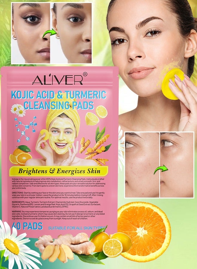 40Pcs Kojic Acid & Turmeric Cleansing Pads for Dark Spots Turmeric Kojic Acid Cleansing Pads Helps Balance Skin Oil & Water Fade Spot Remove Excess Keratin Clean Oil Refines Pores