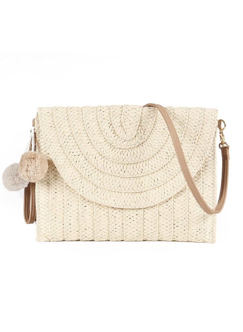 Straw Shoulder Bag Straw Clutch Women Hand-woven PomPom Straw Crossbody Bag Summer Beach Envelope Purse Wallet