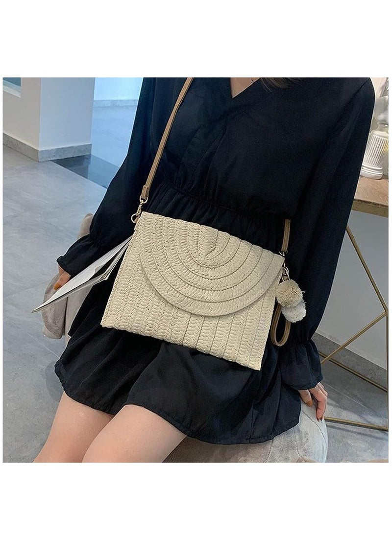 Straw Shoulder Bag Straw Clutch Women Hand-woven PomPom Straw Crossbody Bag Summer Beach Envelope Purse Wallet