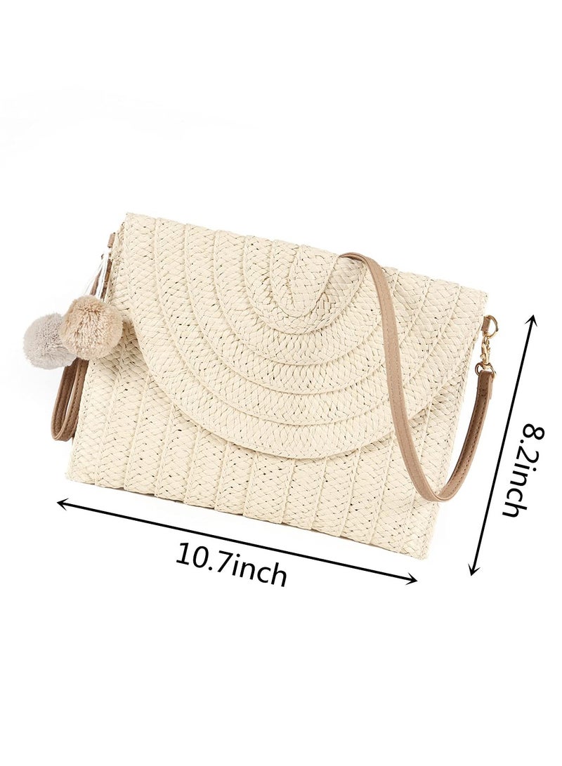 Straw Shoulder Bag Straw Clutch Women Hand-woven PomPom Straw Crossbody Bag Summer Beach Envelope Purse Wallet