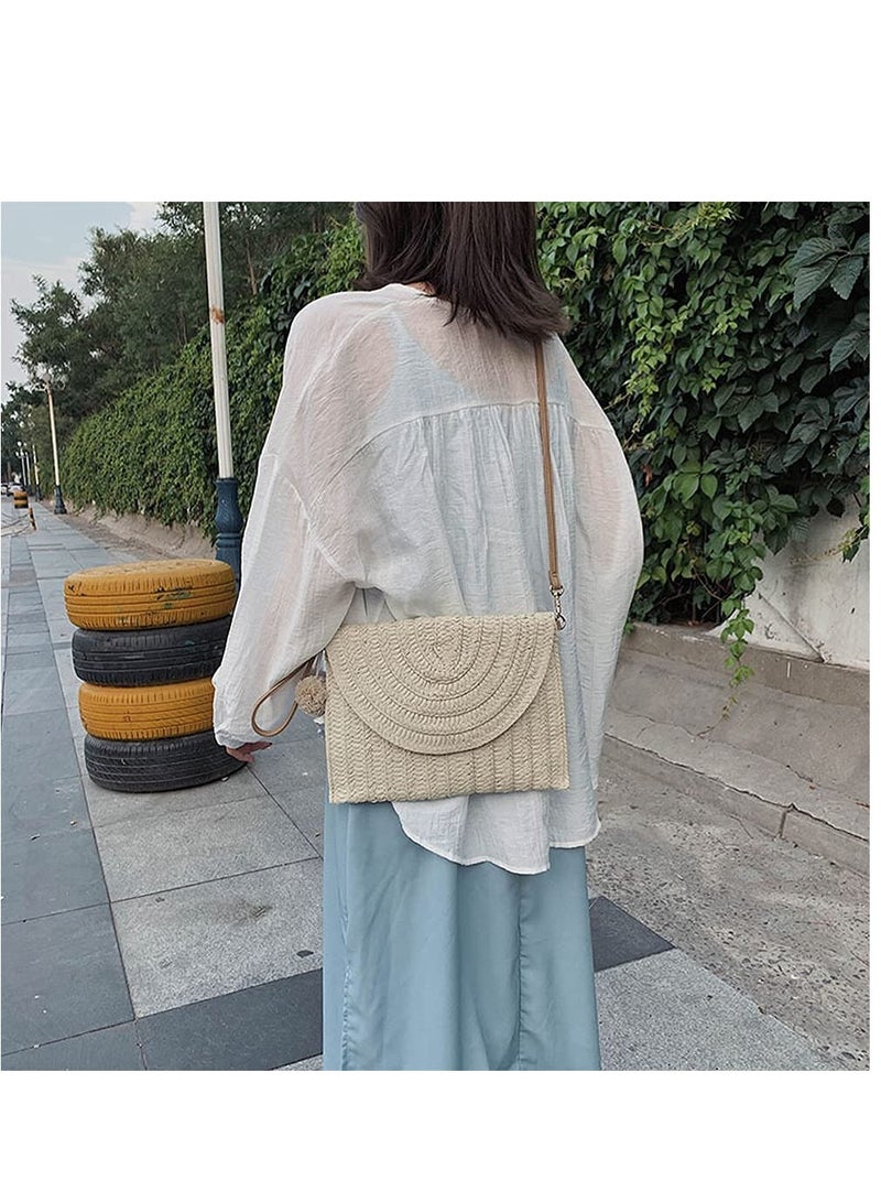 Straw Shoulder Bag Straw Clutch Women Hand-woven PomPom Straw Crossbody Bag Summer Beach Envelope Purse Wallet