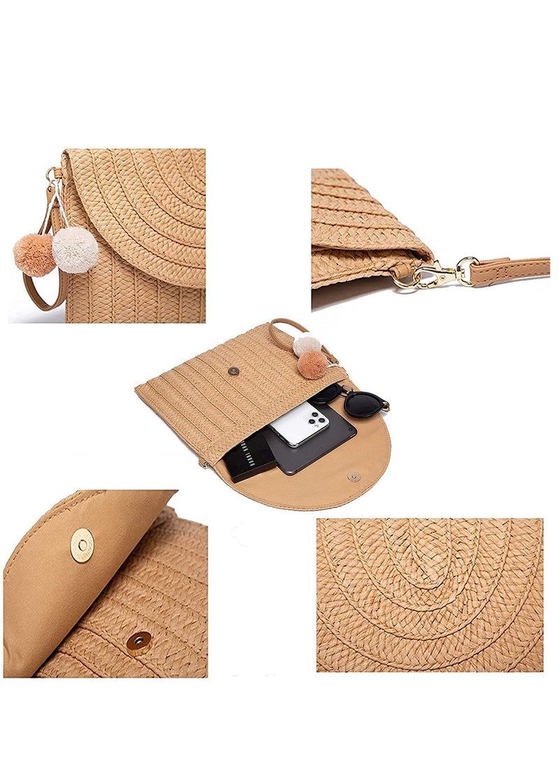 Straw Shoulder Bag Straw Clutch Women Hand-woven PomPom Straw Crossbody Bag Summer Beach Envelope Purse Wallet