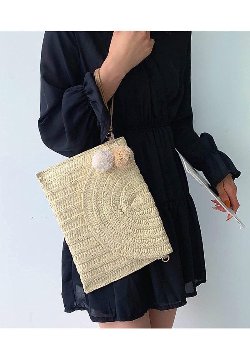 Straw Shoulder Bag Straw Clutch Women Hand-woven PomPom Straw Crossbody Bag Summer Beach Envelope Purse Wallet