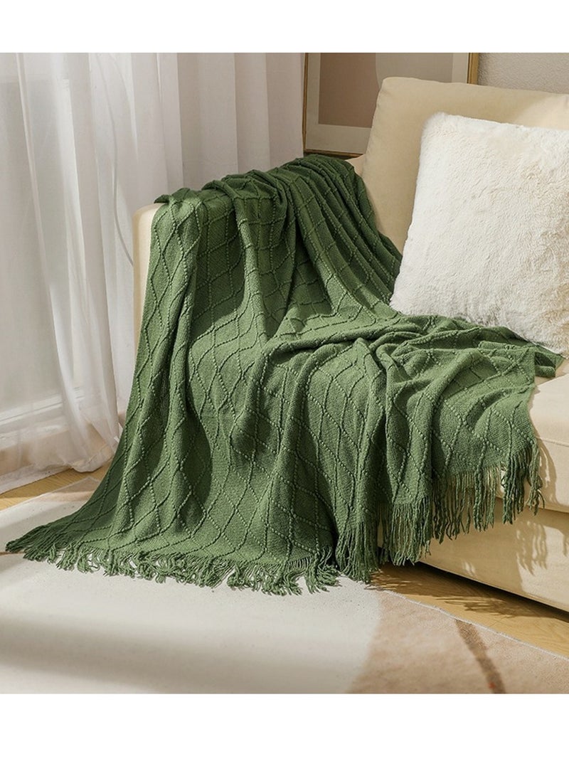 Tassel Design Knitted Soft Throw Blanket Keep Warm Army Green