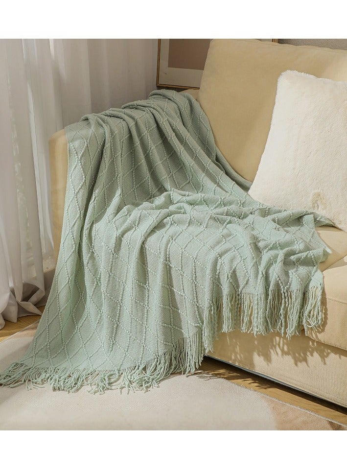 Tassel Design Knitted Soft Throw Blanket Keep Warm Ginger Light Green