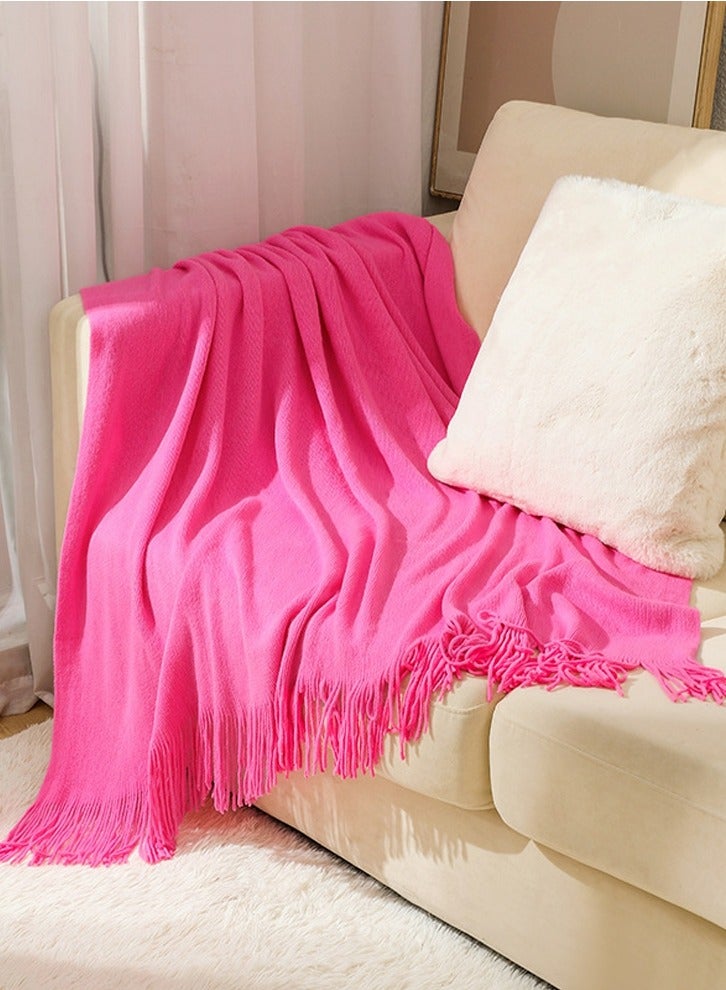 Solid Color Tassel Design Knitted Soft Throw Blanket Keep Warm Rose Pink