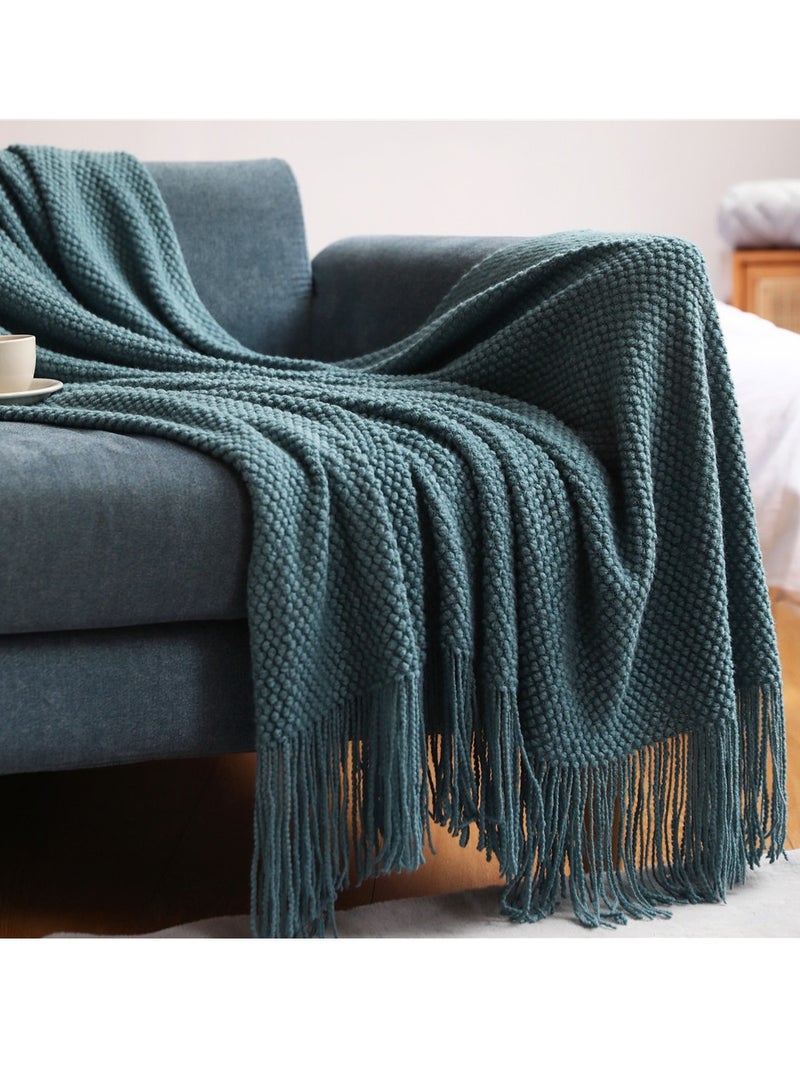 Tassel Design Knitted Textured Soft Throw Blanket Keep Warm Morandi Blue