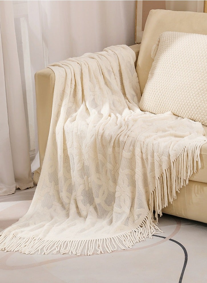 Solid Color Jacquard Weave Tassel Design Knitted Soft Throw Blanket White