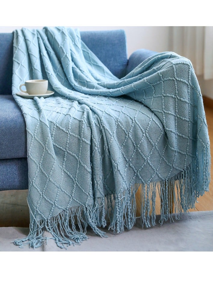 Tassel Design Knitted Soft Throw Blanket Keep Warm Ginger Lake Blue
