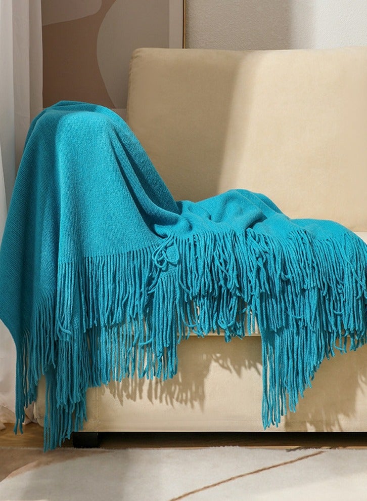 Solid Color Tassel Design Knitted Soft Throw Blanket Keep Warm Peacock Blue