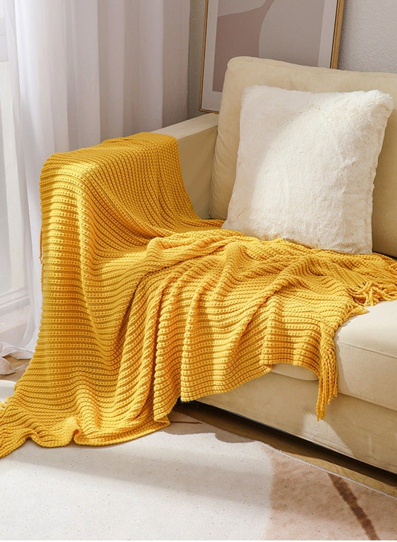 Solid Color Tassel Design Knitted Soft Throw Blanket Keep Warm Yellow