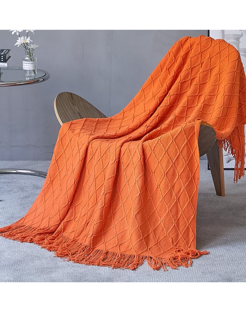 Tassel Design Knitted Soft Throw Blanket Keep Warm Ginger Orange